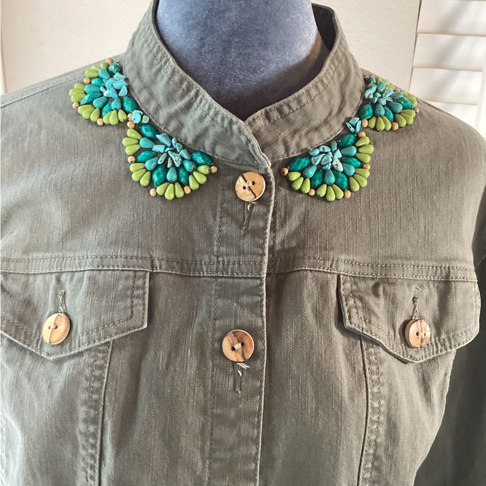Ruby Rd Army Green Beaded Jacket Size 14 - image 4
